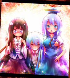 ayakashi_(monkeypanch) black_hair blue_eyes blue_hair blush breast_grab breasts flat_chest flat_grab fujiwara_no_mokou grin hat houraisan_kaguya kamishirasawa_keine long_hair multiple_girls red_eyes silver_hair skirt smile suspenders touhou