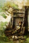  bandage bird closed_eyes food fruit poncho red_hair redhead sandals shadow_of_the_colossus short_hair sitting sleeping solo surcoat tree wander 