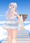  animal_ears blue_eyes blush dress highres long_hair looking_back sky stairs yami_(pixiv163439) 