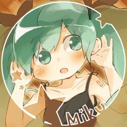  aqua_eyes aqua_hair blush hair_ribbon hatsune_miku long_hair lowres oomiya ribbon solo star twintails vocaloid 
