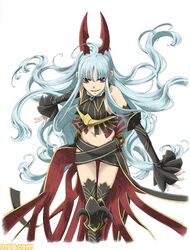  aliasse blue_hair brooch crop_top detached_sleeves horns jewelry leaning_forward long_hair looking_up midriff official_art raita red_eyes senjou_no_valkyria senjou_no_valkyria_2 silver_hair skirt smile striped thigh-highs thigh_gap thighhighs very_long_hair watermark zettai_ryouiki 