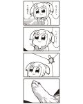  1girl 4koma bkub comic highres monochrome payot poptepipic popuko school_uniform serafuku simple_background translated turtle two-tone_background two_side_up 