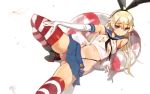  1girl blonde_hair blue_eyes blue_skirt elbow_gloves gloves hairband kantai_collection long_hair navel shimakaze_(kantai_collection) skirt solo striped striped_legwear thigh-highs white_gloves yang-do 