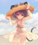 1girl alternate_costume animal animal_ears arms_up blue_sky bracelet clouds dress grey_hair hat iris_anemone jewelry looking_at_viewer mouse mouse_ears mouse_tail nazrin open_mouth red_eyes short_hair sky sleeveless solo straw_hat sunglasses tail touhou twitter_username white_dress 