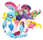  1girl aano_(10bit) baseball_cap bike_shorts hat inkling long_hair mask open_mouth pink_eyes pink_hair pointy_ears shoes sneakers splatoon squid super_soaker tears_in_eyes tentacle_hair 