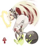  absurdres ass ball_and_chain_restraint belt chourui guilty_gear guilty_gear_xrd halo high_heels highres jack-o_(guilty_gear) mouth_hold multicolored_hair one_eye_closed pantylines red_eyes redhead two-tone_hair white_hair 