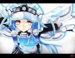  1girl blanc blue_hair choujigen_game_neptune gauntlets hat highres neptune_(series) next_white red_eyes smile weapon white_heart wings 