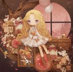  1girl balloon bangs blonde_hair boots brown_boots cake chest_of_drawers cross-laced_footwear dress flower food hair_ribbon highres holding lace-up_boots lalala222 lolita_fashion long_hair long_sleeves looking_at_viewer original painting_(object) parted_bangs petals photo_(object) rabbit ribbon rose rose_petals sitting slice_of_cake smile socks solo stuffed_animal stuffed_toy teabag teddy_bear tree violet_eyes wavy_hair white_dress white_pupil window 