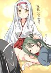  ... 3girls =_= absurdres black_hair blush brown_eyes drooling green_hair hair_ribbon hand_on_another&#039;s_head highres japanese_clothes kantai_collection katsuragi_(kantai_collection) lap_pillow long_hair multiple_girls pleated_skirt ponytail red_skirt remodel_(kantai_collection) ribbon ryuki_(ryukisukune) shoukaku_(kantai_collection) silver_hair skirt smile twintails zuikaku_(kantai_collection) 