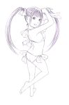 1girl adjusting_hair barefoot bikini from_side full_body grin hair_ribbon lineart long_hair looking_back monochrome original payot ribbon side-tie_bikini sketch smile solo standing_on_one_leg swimsuit traditional_media twintails tying_hair yoshitomi_akihito 