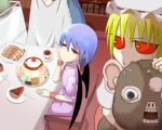  3girls apron bat_wings black_sclera blue_dress dress eating eyelashes flandre_scarlet looking_at_another looking_to_the_side maid maid_apron mob_cap multiple_girls object_hug okahi out_of_frame perspective pink_dress pouty_lips pudding red_eyes red_sclera remilia_scarlet short_hair touhou waist_apron when_you_see_it wings yellow_eyes 