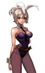  1girl animal_ears arm_behind_back belt blonde_hair blue_eyes bunnysuit carrot cowboy_shot detached_collar kim_na_young league_of_legends looking_at_viewer pantyhose rabbit_ears riven_(league_of_legends) skin_tight smile solo white_hair wrist_cuffs 