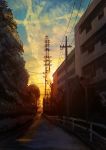  absurdres akio-bako building clouds fence highres landscape no_humans sunset tree utility_pole_(object) 