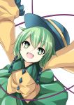  1girl arai_togami arms_up commentary_request green_eyes green_hair hat hat_ribbon highres komeiji_koishi open_mouth ribbon short_hair skirt smile solo touhou 