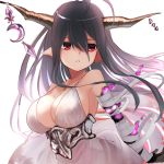  1girl antenna_hair bare_shoulders black_hair breasts cleavage danua dress granblue_fantasy hair_between_eyes horn_ornament horns jewelry large_breasts long_hair looking_at_viewer necklace pointy_ears red_eyes simple_background sketch solo uro_(uro_zi) white_background 