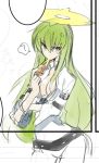  10mo 1girl ? belt bodysuit breasts c.c. cleavage code_geass cosplay food food_in_mouth green_hair guilty_gear guilty_gear_xrd halo jack-o_(guilty_gear) long_hair pizza sketch yellow_eyes 