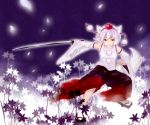  1girl animal_ears bogyaku_no_m detached_sleeves field flower flower_field full_body geta hat inubashiri_momiji katana looking_at_viewer outstretched_arm pants petals pom_pom_(clothes) red_eyes short_hair silver_hair small_breasts smile solo sword tabi tail tengu-geta tokin_hat touhou turtleneck weapon wolf_ears wolf_tail 