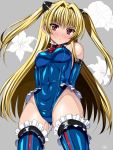  1girl blonde_hair blush cosplay dead_or_alive dead_or_alive_5 hair_ornament konjiki_no_yami long_hair looking_at_viewer marie_rose red_eyes small_breasts solo to_love-ru twintails very_long_hair 