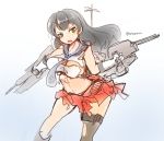  1girl agano_(kantai_collection) arceonn black_hair breasts cannon cleavage green_eyes kantai_collection large_breasts long_hair mecha_musume midriff necktie sailor_collar skirt solo thigh-highs torn_clothes torn_skirt torn_thighhighs 
