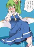  1girl blue_dress blush daiyousei dress fairy_wings green_hair hair_ribbon hammer_(sunset_beach) puffy_short_sleeves puffy_sleeves ribbon shirt short_sleeves side_ponytail solo touhou translation_request wings 