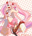  1girl ;d ahoge animal_ears aqua_eyes breasts cat_ears cat_tail cleavage_cutout hairband heart heart_background kisaragi_n long_hair midriff navel one_eye_closed open_mouth pink_hair pink_skirt red_legwear rosia_(show_by_rock!!) show_by_rock!! skirt smile solo tail thigh-highs twintails twitter_username very_long_hair 