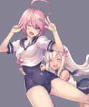  2girls :d ^_^ ahoge bare_shoulders blonde_hair blush closed_eyes covered_navel double_w flower hair_flower hair_ornament i-58_(kantai_collection) kantai_collection long_hair multiple_girls neckerchief one_eye_closed open_mouth oukawa_yuu pink_eyes pink_hair ro-500_(kantai_collection) sailor_collar school_swimsuit school_uniform serafuku short_hair simple_background smile swimsuit swimsuit_under_clothes tan tears wince 
