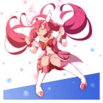  1girl antenna_hair bike_shorts blush boots bow brooch choker clenched_hand closed_eyes cure_happy hoshizora_miyuki jewelry knee_boots long_hair magical_girl pink_bow pink_hair pink_skirt precure shorts_under_skirt skirt smile_precure! solo tiara ts1016 twintails white_boots wrist_cuffs 