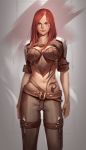  1girl belt breasts katarina_du_couteau league_of_legends lips long_hair midriff navel redhead since smile solo tattoo 
