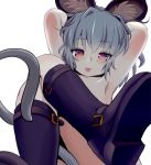  1girl :p animal_ears arms_up blush boots convenient_censoring crossed_legs from_below grey_hair ishikkoro looking_at_viewer mouse_ears mouse_tail nazrin nude red_eyes short_hair smile solo tail tongue tongue_out touhou 