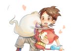  1boy amano_keita belt blush boots brown_eyes brown_hair cat closed_eyes fangs ghost heart hug jibanyan multiple_tails notched_ear nyu open_mouth short_hair simple_background star tail two_tails whisper_(youkai_watch) white_background youkai youkai_watch 