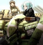  2girls blue_hair blurry bodysuit brown_hair bullet_hole commentary damaged depth_of_field goggles goggles_on_head gun helmet looking_at_another machine_gun mecha military military_uniform multiple_girls open_mouth original pilot sunlight surprised tef uniform upper_body weapon 