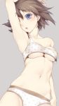  1girl ;o arm_up armpits blue_eyes breasts brown_hair cleavage cowboy_shot grey_background hair_between_eyes head_tilt hiei_(kantai_collection) kantai_collection looking_at_viewer navel nilitsu one_eye_closed panties short_hair simple_background solo sports_bra strap_slip under_boob underwear underwear_only 