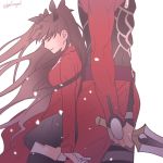  1girl archer back-to-back brown_hair byulrorqual closed_eyes fate/stay_night fate_(series) hair_ribbon head_out_of_frame kanshou_&amp;_bakuya ribbon sword tohsaka_rin toosaka_rin two_side_up weapon 