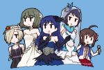  ahoge blonde_hair blue_dress blue_hair dai-oki dress elbow_gloves gloves green_hair hair_over_one_eye idolmaster idolmaster_cinderella_girls kisaragi_chihaya long_hair multiple_girls shirasaka_koume skirt takagaki_kaede wakiyama_tamami wakui_rumi white_dress 