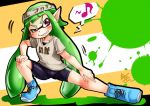  1girl bike_shorts blush green_hair grin headband inkling musical_note nintendo paint_splatter pink_eyes pointy_ears shirotake_jinan shoes smile sneakers splatoon spoken_musical_note stretch t-shirt tentacle_hair 