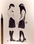  2girls gift hiro_(dismaless) holding_hands long_hair monochrome multiple_girls skirt socks traditional_media yuri 