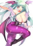  1girl aqua_hair arm_up armpits bare_shoulders bat_wings black_boots blue_eyes bodysuit boots breasts cleavage clenched_hand collarbone eyelashes feathers head_wings heart_cutout high_heels highres hohehohe knee_boots large_breasts leg_up leotard long_hair looking_at_viewer morrigan_aensland navel outstretched_arms parted_lips simple_background skin_tight sleeveless solo standing_on_one_leg vampire_(aoki_hagane_no_arpeggio) vampire_(game) very_long_hair white_background wings 