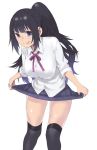  1girl :q black_hair black_legwear blue_eyes breasts large_breasts leaning_forward long_hair musashimaru original pleated_skirt ponytail school_uniform simple_background skirt skirt_lift solo thigh-highs tongue tongue_out white_background 