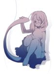  1girl arm_support armband commentary_request eyepatch gradient holding_own_tail lying on_back original sakata_kaname shadow shirt short_hair sketch solo white_background 