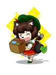  1girl ;) ;d animal_ears bag box brown_hair cat_ears chen commentary_request dress green_hat kingguyver long_sleeves multiple_tails nekomata one_eye_closed open_mouth red_dress short_hair simple_background smile solo tail touhou two_tails white_background 