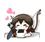  1girl ^_^ akagi_(kantai_collection) bow_(weapon) brown_hair closed_eyes food_in_mouth heart japanese_clothes kantai_collection kingguyver long_hair quiver short_sleeves solo weapon yugake 