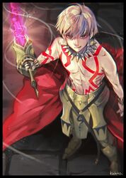  1boy armor blonde_hair ea_(fate/stay_night) earrings fate/stay_night fate_(series) gilgamesh glowing glowing_weapon jewelry nightmare-kck red_eyes shirtless solo tattoo weapon 