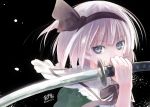  1girl black_background blue_eyes covering_mouth hair_ribbon hibanar konpaku_youmu light_particles looking_at_viewer ribbon signature sketch solo sword touhou twitter_username upper_body weapon white_hair 