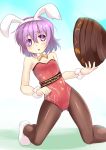  1girl adapted_costume animal_ears bare_arms bare_shoulders blush bowl brown_legwear bunny_girl bunnysuit detached_collar hat hat_removed headwear_removed kneeling leotard niiya open_mouth pantyhose purple_hair rabbit_ears solo sukuna_shinmyoumaru touhou violet_eyes wrist_cuffs 