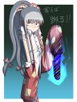  1girl alternate_hairstyle bow fujiwara_no_mokou hair_bow hands_in_pocket leg_lift long_hair okahi ponytail red_eyes red_pants serious silver_hair solo suspenders torn_clothes torn_sleeves touhou very_long_hair white_blouse 