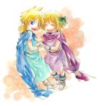  1boy 1girl bianca&#039;s_daughter bianca&#039;s_son blonde_hair blue_eyes blush boots bow cape closed_eyes colored_pencil_(medium) dancing dragon_quest dragon_quest_v gloves hair_bow holding_hands nib_pen_(medium) short_hair short_ponytail siblings simple_background sketch smile traditional_media twins watercolor_(medium) zunko 
