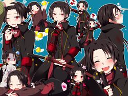  1boy ? ^_^ brown_hair closed_eyes fang finger_to_mouth hand_on_another&#039;s_head heart japanese_clothes kashuu_kiyomitsu katana mole mole_under_mouth mushroom one_eye_closed open_mouth ponytail red_eyes scarf shaded_face smile spoken_heart spoken_question_mark sword touken_ranbu uchiko uguisu_mochi_(ykss35) weapon 