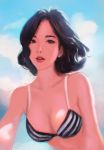  1girl backlighting bikini black_hair blue_sky breasts brown_eyes chaosringen cleavage clouds collarbone lips looking_at_viewer original outdoors parted_lips photorealistic signature sky solo striped striped_bikini striped_swimsuit swimsuit upper_body 