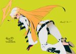  1girl 8055 ass black_gloves blonde_hair character_name copyright_name gloves gradient_hair green_background guilty_gear guilty_gear_xrd halo high_heels jack-o_(guilty_gear) long_hair multicolored_hair red_eyes solo 