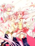  3girls bow bubble_skirt dress gloves goddess_madoka hair_bow hair_ribbon highres kaname_madoka kneehighs long_hair magical_girl mahou_shoujo_madoka_magica multiple_girls multiple_persona open_mouth pink_eyes pink_hair ribbon school_uniform shisui_(5830217) short_hair short_twintails skirt smile solo spoilers thigh-highs time_paradox twintails two_side_up white_gloves white_legwear wings yellow_eyes 